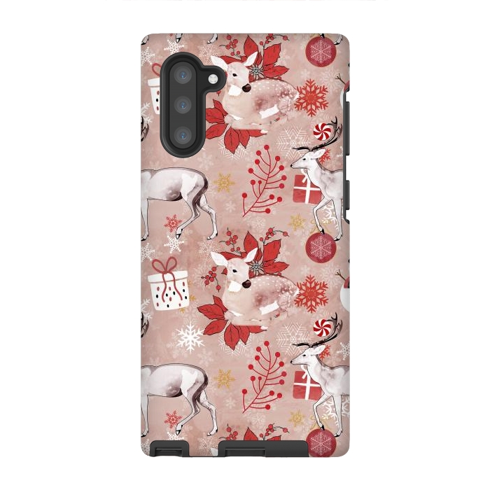 Galaxy Note 10 StrongFit Deers and Christmas ornaments red pink by Oana 