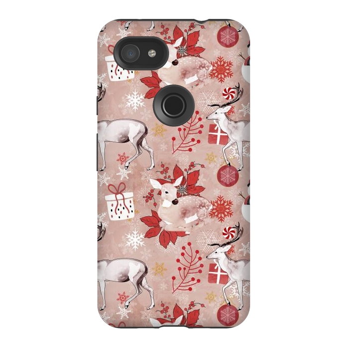 Pixel 3AXL StrongFit Deers and Christmas ornaments red pink by Oana 