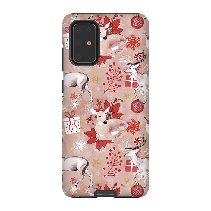 Galaxy S20 Plus StrongFit Deers and Christmas ornaments red pink by Oana 
