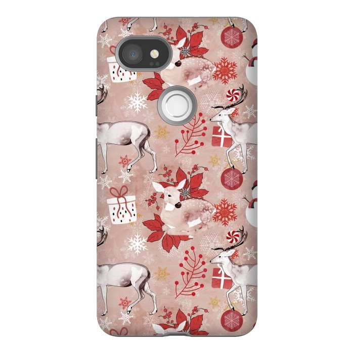 Pixel 2XL StrongFit Deers and Christmas ornaments red pink by Oana 