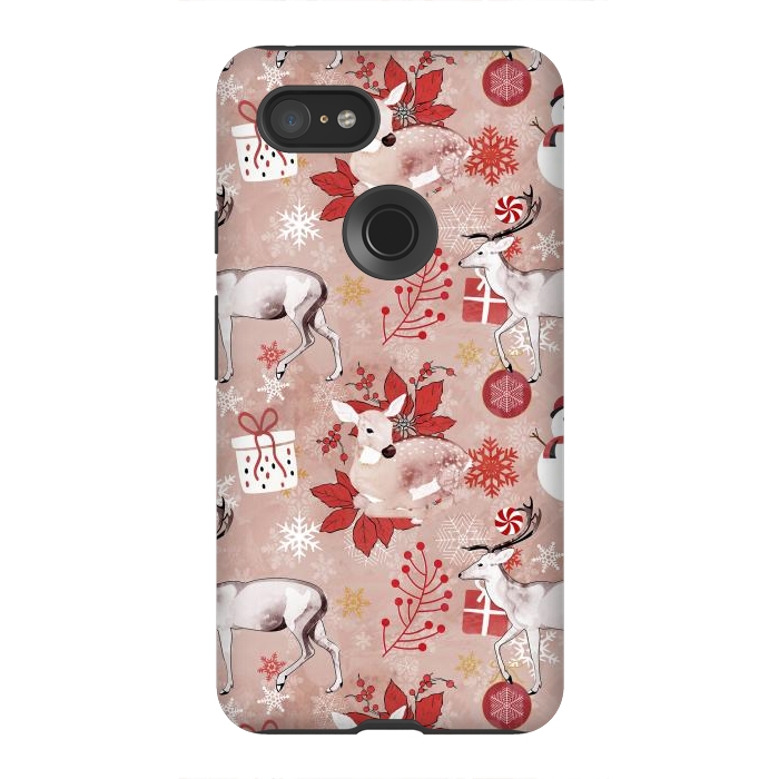 Pixel 3XL StrongFit Deers and Christmas ornaments red pink by Oana 