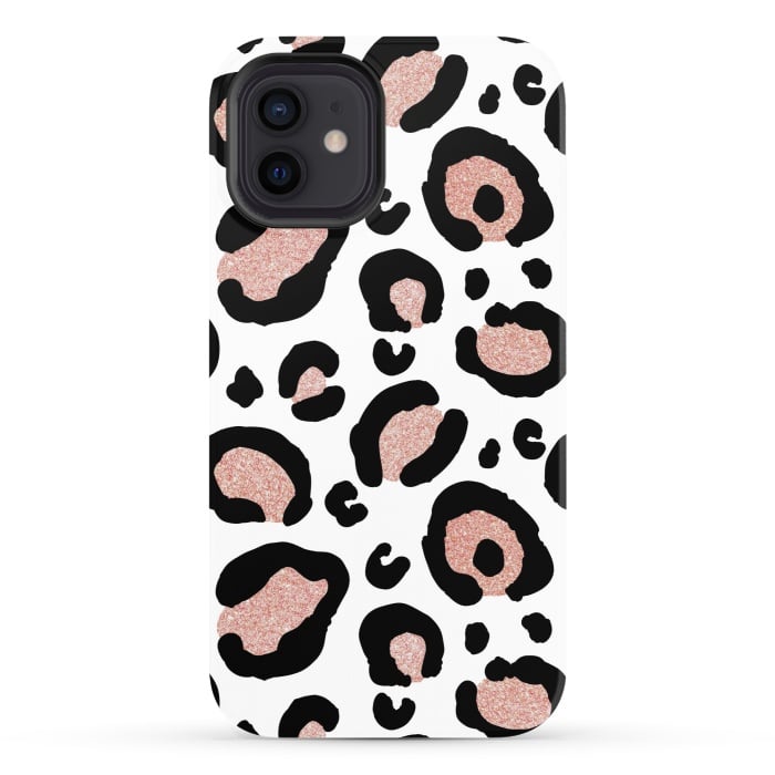 iPhone 12 StrongFit Rose Gold Glitter Leopard Print by Julie Erin Designs