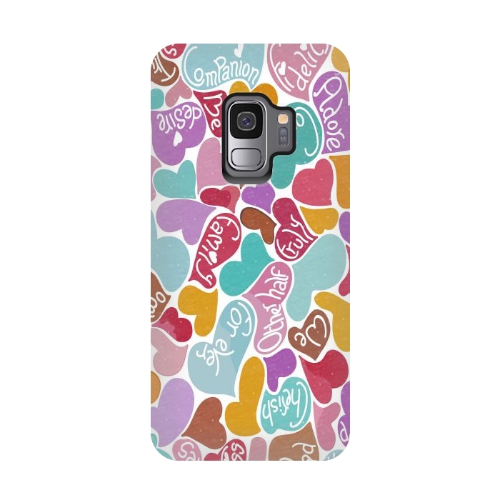 Galaxy S9 StrongFit Multicolored Love hearts with loving words by Paula Ohreen