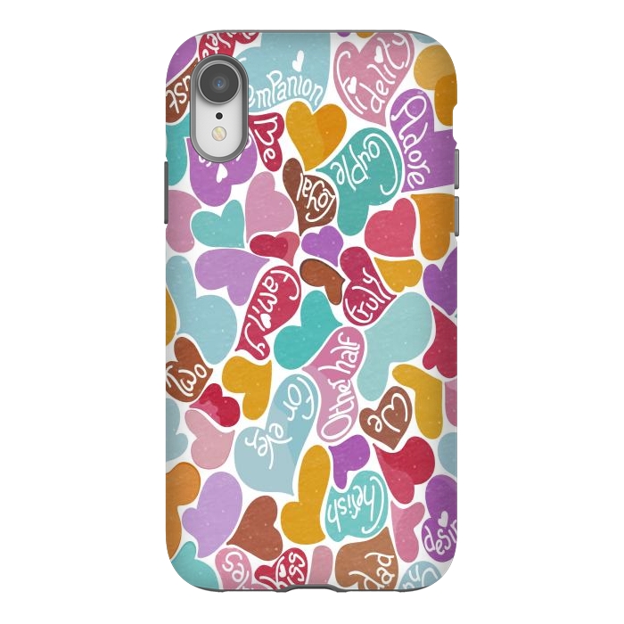 iPhone Xr StrongFit Multicolored Love hearts with loving words by Paula Ohreen