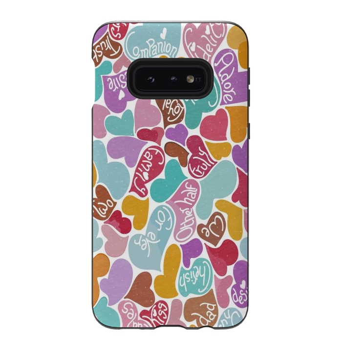 Galaxy S10e StrongFit Multicolored Love hearts with loving words by Paula Ohreen