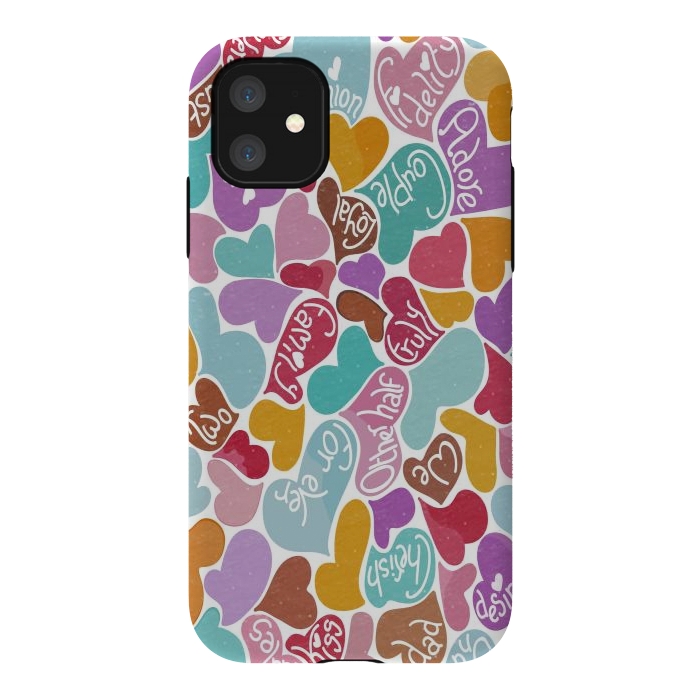 iPhone 11 StrongFit Multicolored Love hearts with loving words by Paula Ohreen