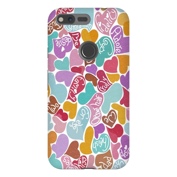 Pixel XL StrongFit Multicolored Love hearts with loving words by Paula Ohreen