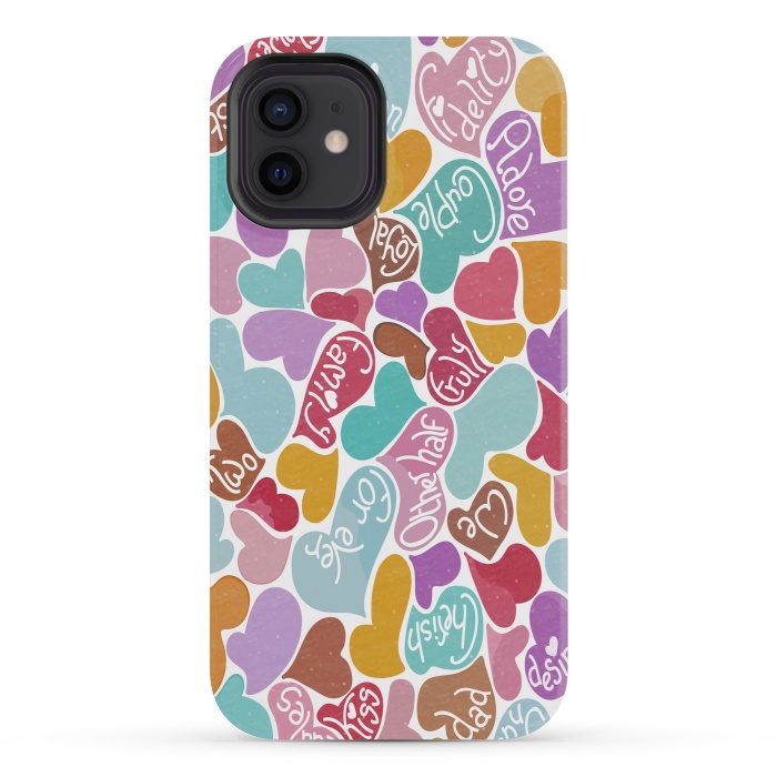 iPhone 12 mini StrongFit Multicolored Love hearts with loving words by Paula Ohreen
