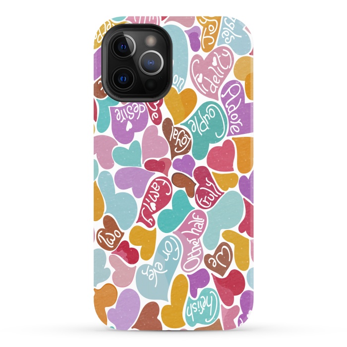 iPhone 12 Pro Max StrongFit Multicolored Love hearts with loving words by Paula Ohreen