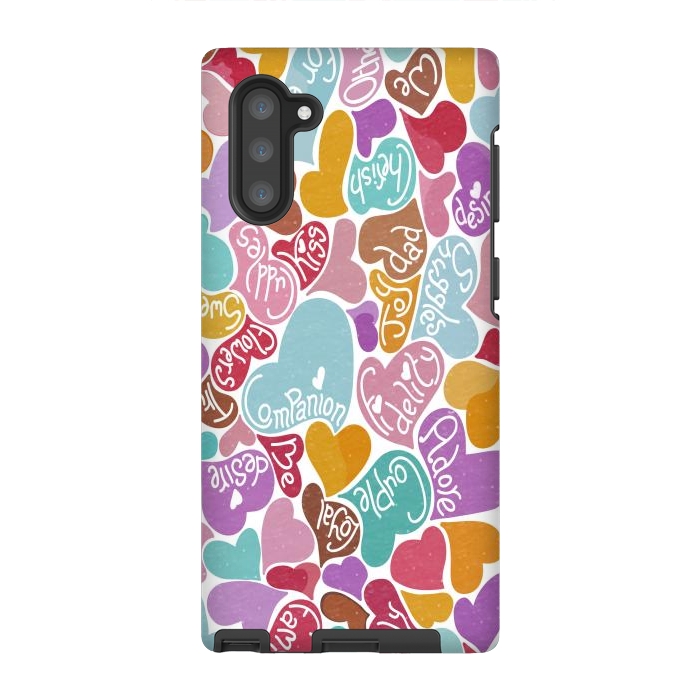 Galaxy Note 10 StrongFit Multicolored Love hearts with loving words by Paula Ohreen