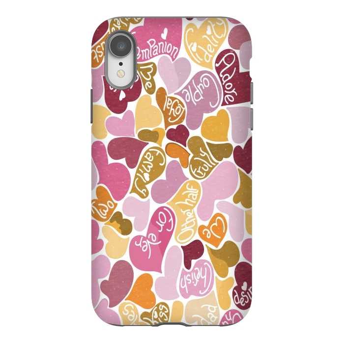 iPhone Xr StrongFit Love hearts with loving words in pink and orange by Paula Ohreen