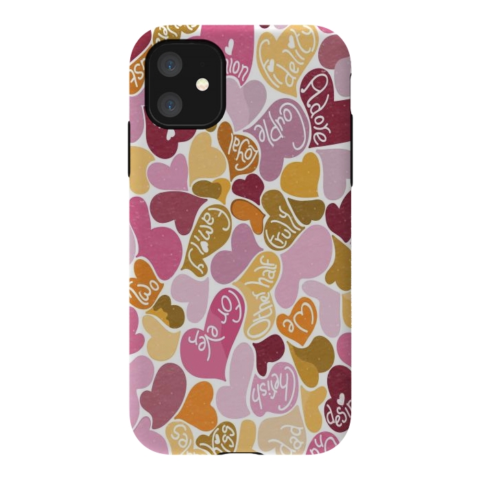 iPhone 11 StrongFit Love hearts with loving words in pink and orange by Paula Ohreen