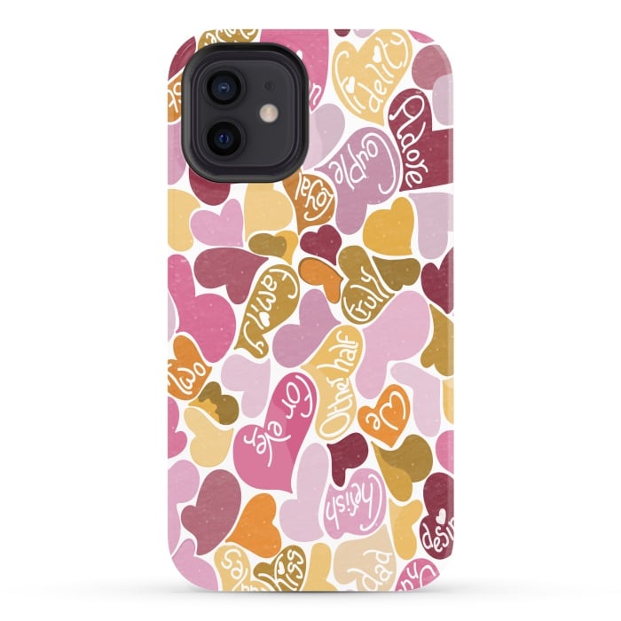 iPhone 12 StrongFit Love hearts with loving words in pink and orange by Paula Ohreen