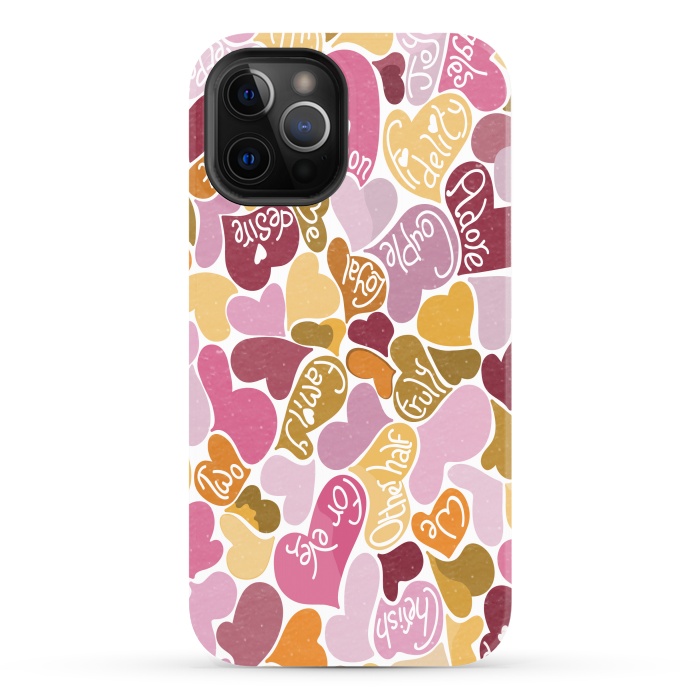 iPhone 12 Pro Max StrongFit Love hearts with loving words in pink and orange by Paula Ohreen