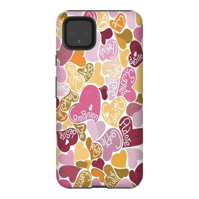 Pixel 4XL StrongFit Love hearts with loving words in pink and orange by Paula Ohreen