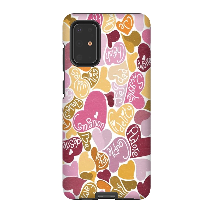 Galaxy S20 Plus StrongFit Love hearts with loving words in pink and orange by Paula Ohreen