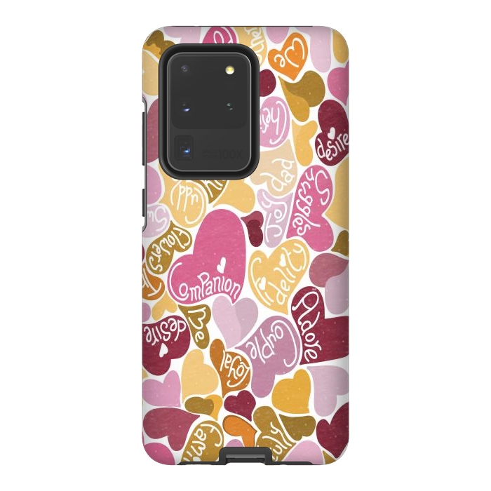 Galaxy S20 Ultra StrongFit Love hearts with loving words in pink and orange by Paula Ohreen