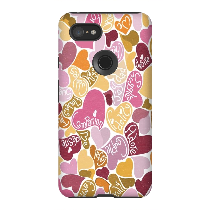 Pixel 3XL StrongFit Love hearts with loving words in pink and orange by Paula Ohreen