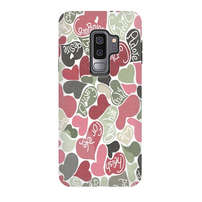 Galaxy S9 plus StrongFit Love hearts with loving words in pink and green by Paula Ohreen