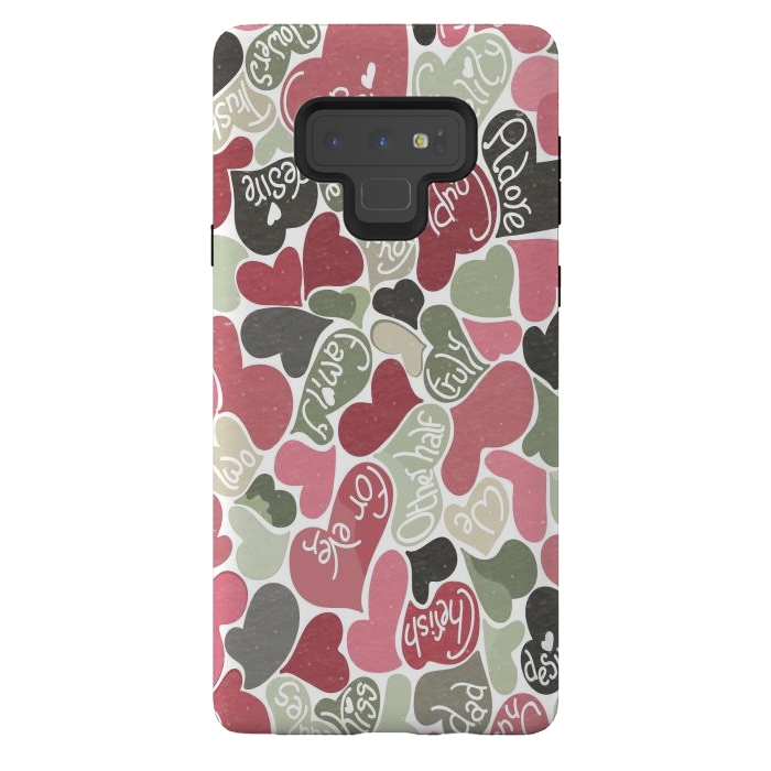 Galaxy Note 9 StrongFit Love hearts with loving words in pink and green by Paula Ohreen