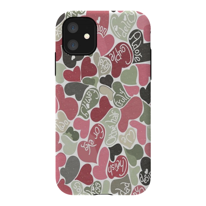 iPhone 11 StrongFit Love hearts with loving words in pink and green by Paula Ohreen