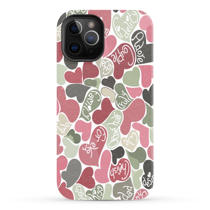iPhone 12 Pro StrongFit Love hearts with loving words in pink and green by Paula Ohreen