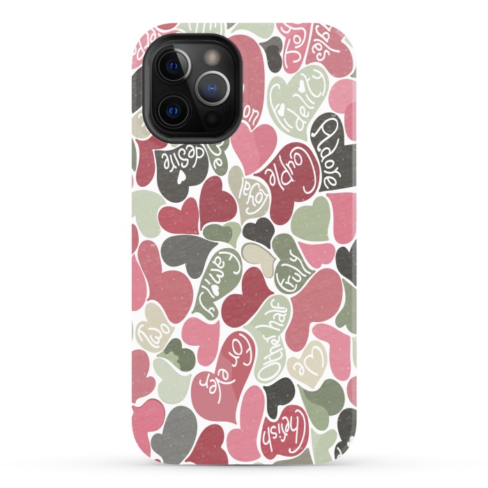 iPhone 12 Pro Max StrongFit Love hearts with loving words in pink and green by Paula Ohreen