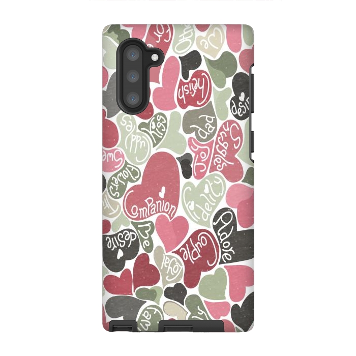 Galaxy Note 10 StrongFit Love hearts with loving words in pink and green by Paula Ohreen