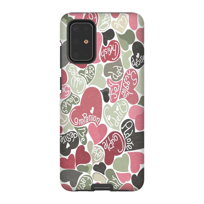 Galaxy S20 Plus StrongFit Love hearts with loving words in pink and green by Paula Ohreen