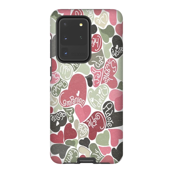 Galaxy S20 Ultra StrongFit Love hearts with loving words in pink and green by Paula Ohreen