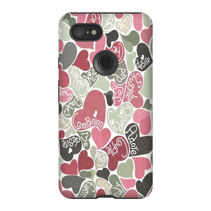 Pixel 3XL StrongFit Love hearts with loving words in pink and green by Paula Ohreen
