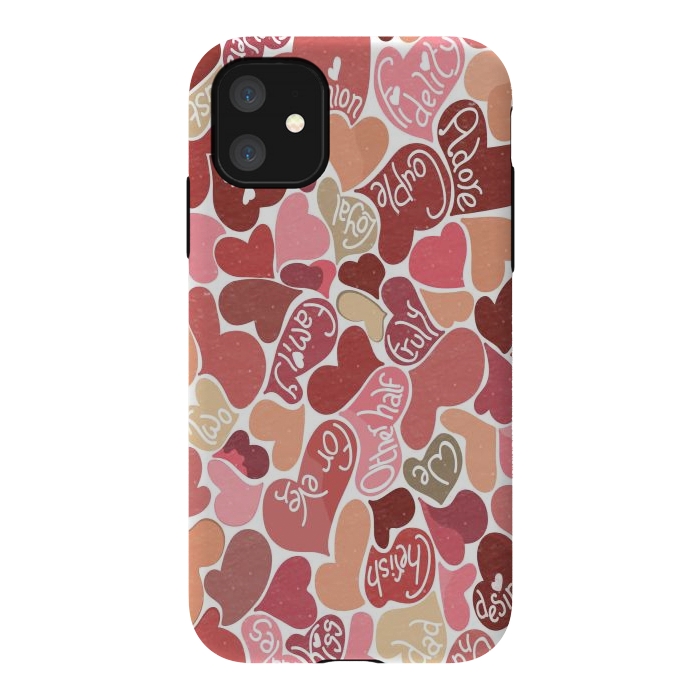 iPhone 11 StrongFit Love hearts with loving words in red and beige by Paula Ohreen