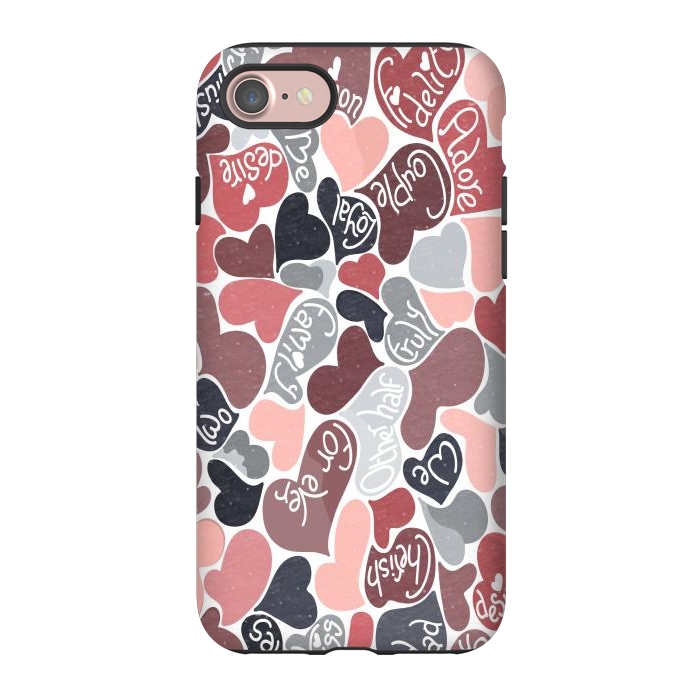iPhone 7 StrongFit Love hearts with loving words in pink and grey by Paula Ohreen