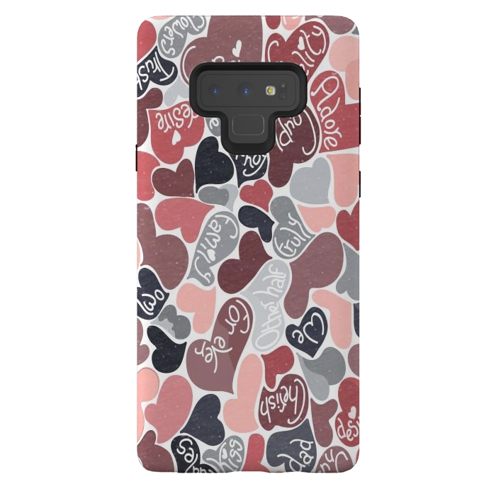 Galaxy Note 9 StrongFit Love hearts with loving words in pink and grey by Paula Ohreen