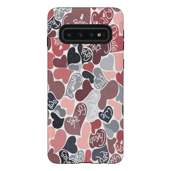 Galaxy S10 StrongFit Love hearts with loving words in pink and grey by Paula Ohreen