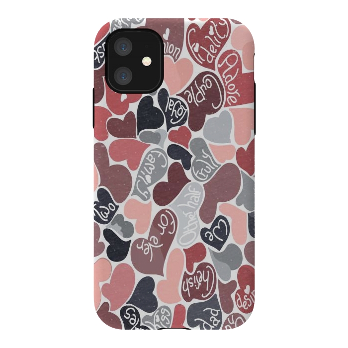 iPhone 11 StrongFit Love hearts with loving words in pink and grey by Paula Ohreen