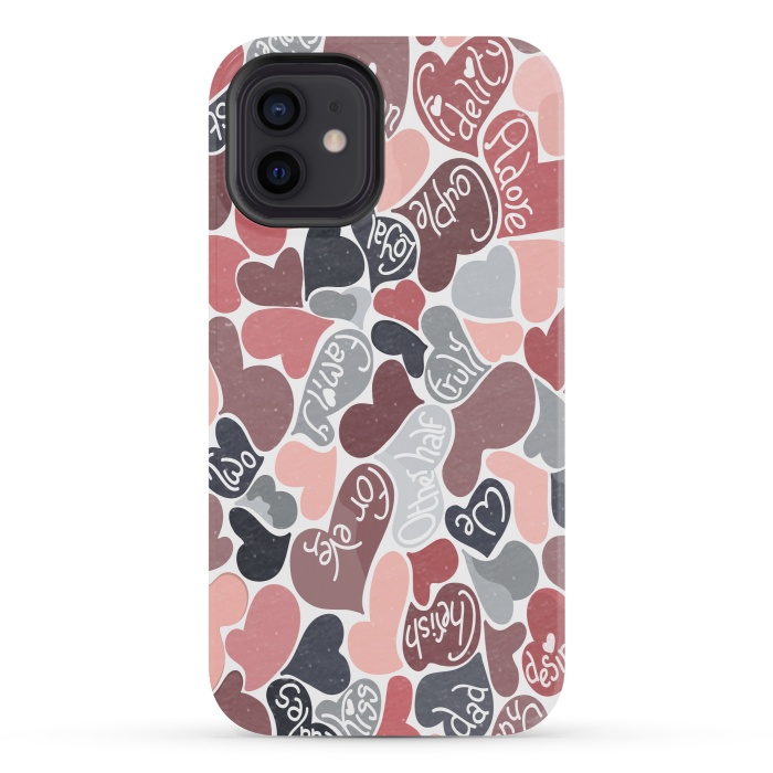 iPhone 12 mini StrongFit Love hearts with loving words in pink and grey by Paula Ohreen