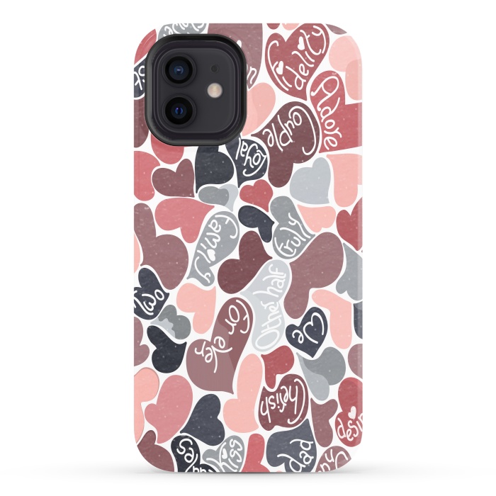 iPhone 12 StrongFit Love hearts with loving words in pink and grey por Paula Ohreen