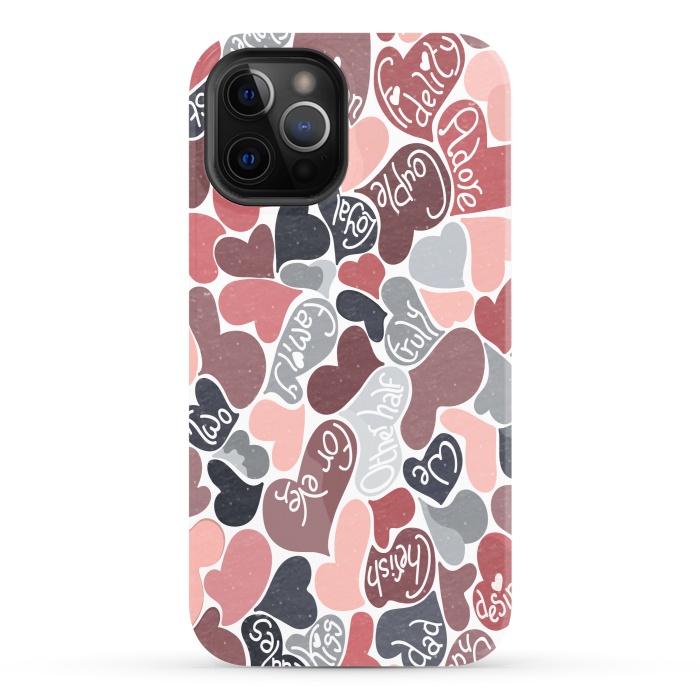 iPhone 12 Pro StrongFit Love hearts with loving words in pink and grey by Paula Ohreen