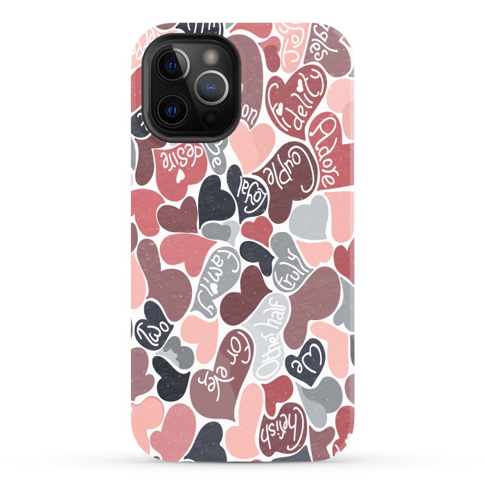 iPhone 12 Pro Max StrongFit Love hearts with loving words in pink and grey by Paula Ohreen