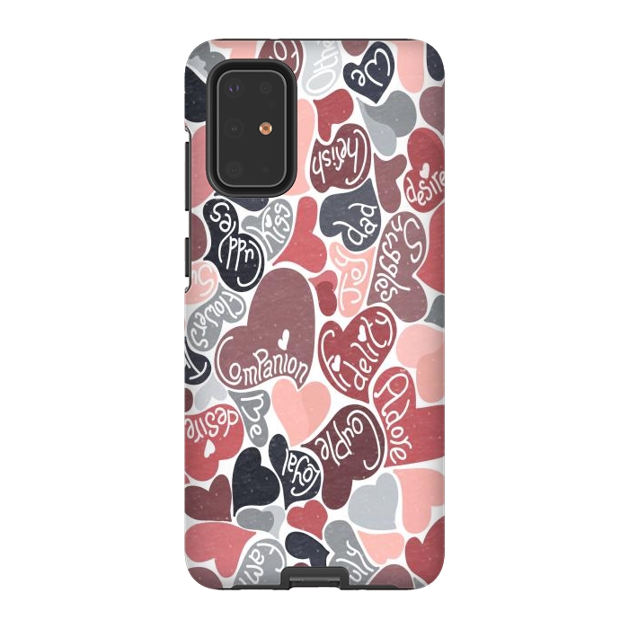 Galaxy S20 Plus StrongFit Love hearts with loving words in pink and grey by Paula Ohreen
