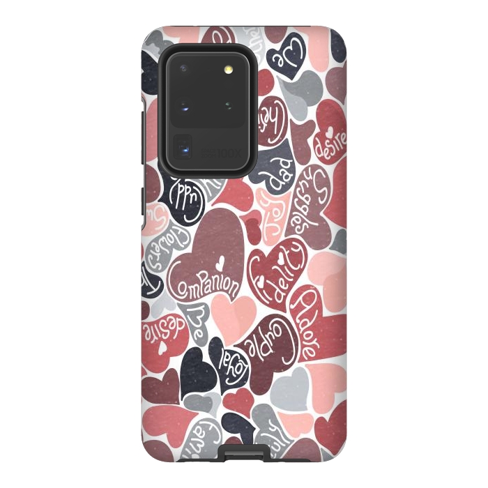 Galaxy S20 Ultra StrongFit Love hearts with loving words in pink and grey by Paula Ohreen