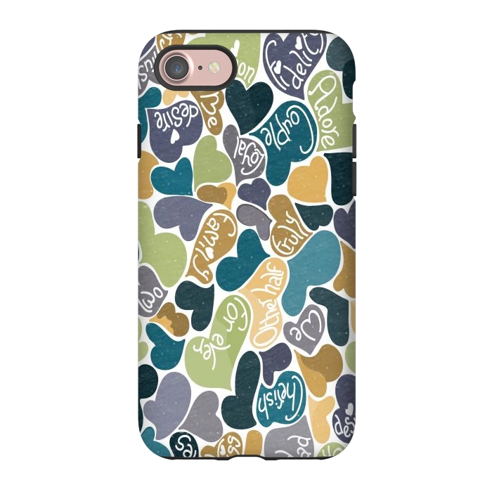 iPhone 7 StrongFit Love hearts with loving words in blue and green by Paula Ohreen
