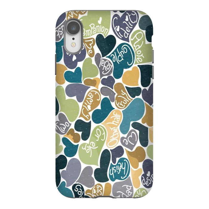 iPhone Xr StrongFit Love hearts with loving words in blue and green by Paula Ohreen