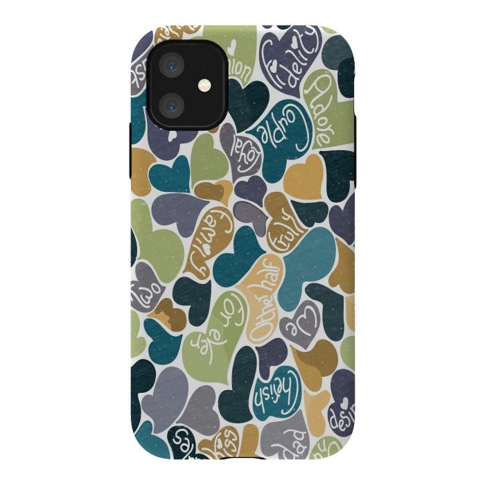 iPhone 11 StrongFit Love hearts with loving words in blue and green by Paula Ohreen