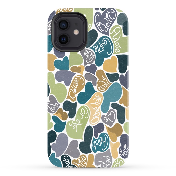 iPhone 12 StrongFit Love hearts with loving words in blue and green by Paula Ohreen