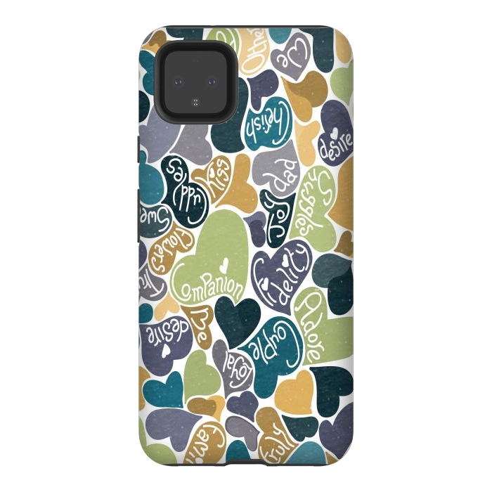 Pixel 4XL StrongFit Love hearts with loving words in blue and green by Paula Ohreen