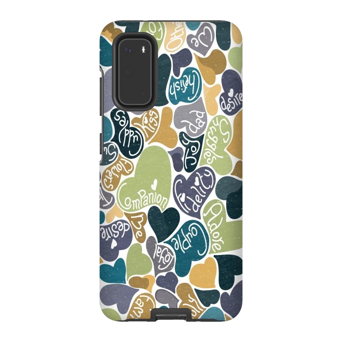 Galaxy S20 StrongFit Love hearts with loving words in blue and green by Paula Ohreen