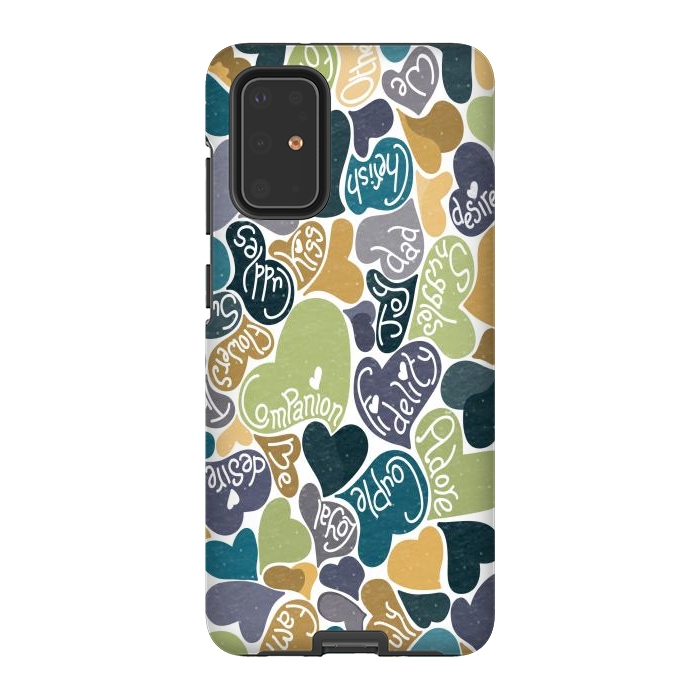 Galaxy S20 Plus StrongFit Love hearts with loving words in blue and green by Paula Ohreen