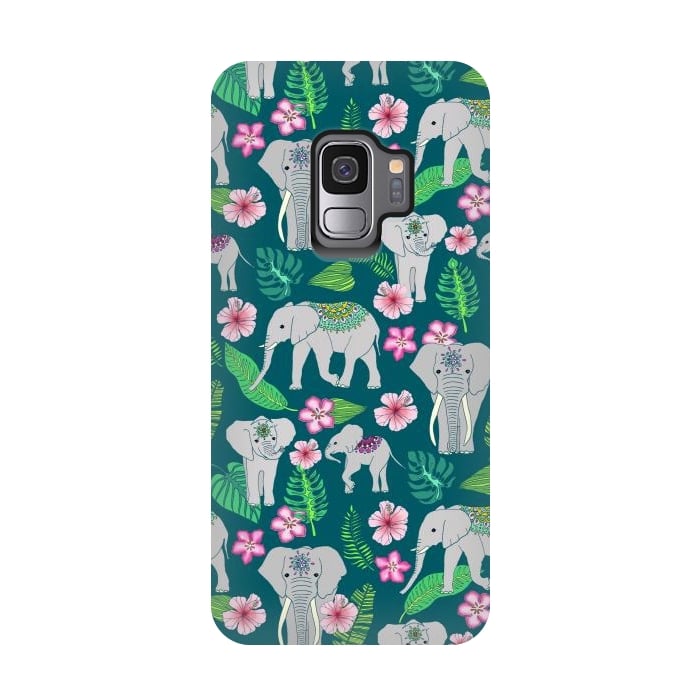 Galaxy S9 StrongFit Elephants of the Jungle on Green by Tangerine-Tane